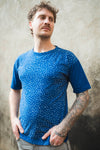 Speckled boxy t-shirt in washed blue made from 100% cotton, shown in a relaxed fit.